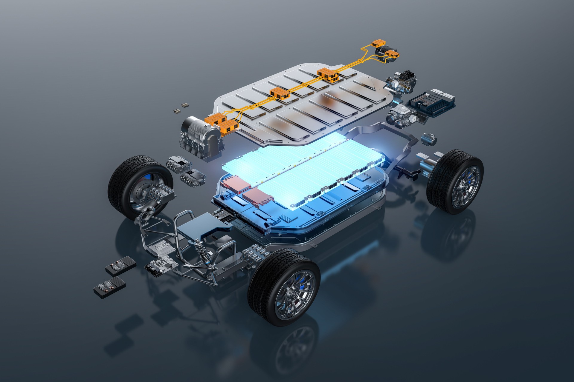 Explode view of ev car with glowing battery element and undercarriage